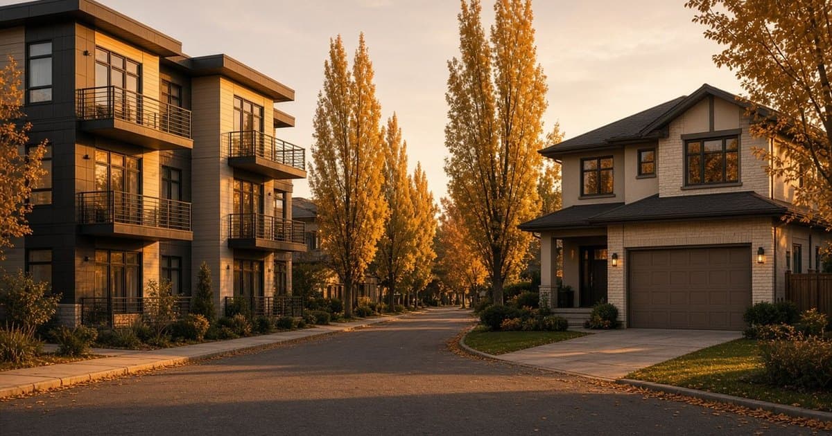 A low-rise condo building and a two-storey family home facing each other across a tree-lined street at golden hour.