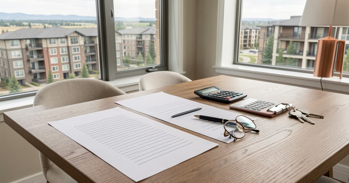 Condo documents, calculator and keys arranged on a dining table beside a window overlooking a low-rise residential complex