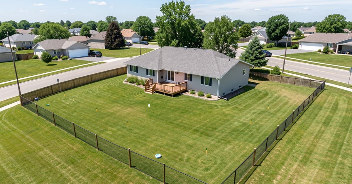 An Alberta residential lot viewed from above at an angle with fence lines, a deck and survey stakes visible in clean summer light