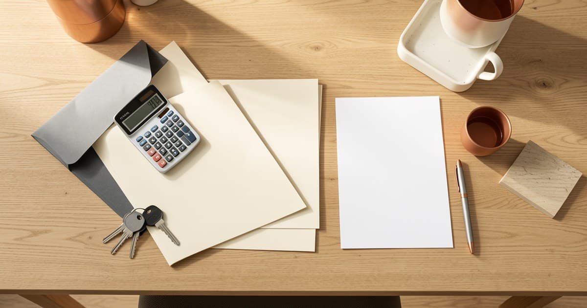 A kitchen table with a calculator, two savings folders, house keys and a handwritten budget with all wording out of focus