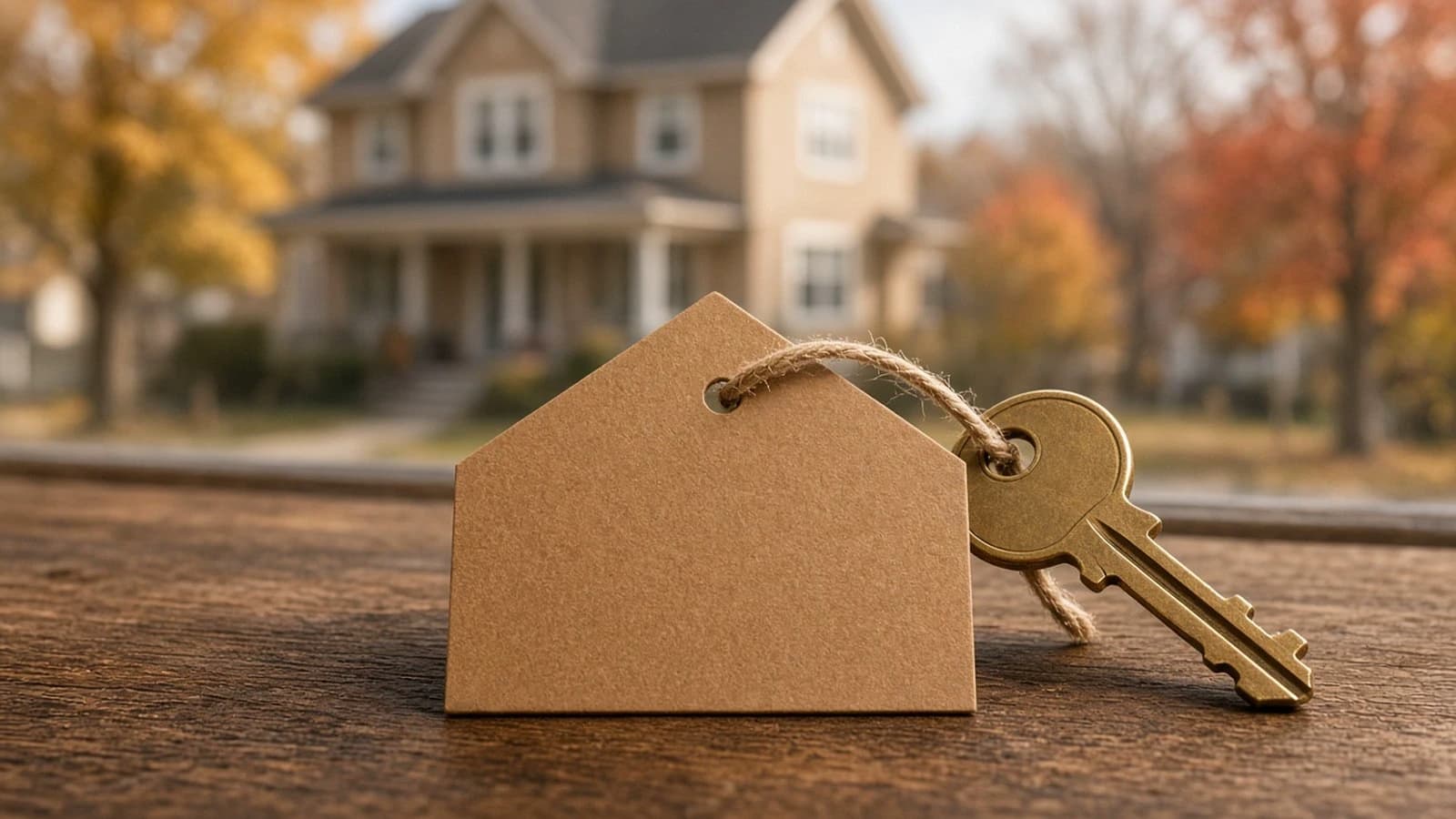 A blank house-shaped price tag tied to a brass key, with a two-storey home softly blurred behind.