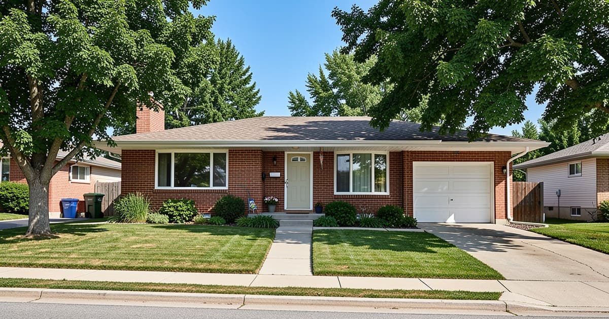 A modest brick bungalow on a mature St. Albert street with a level front walk, broad eaves and leafy summer trees